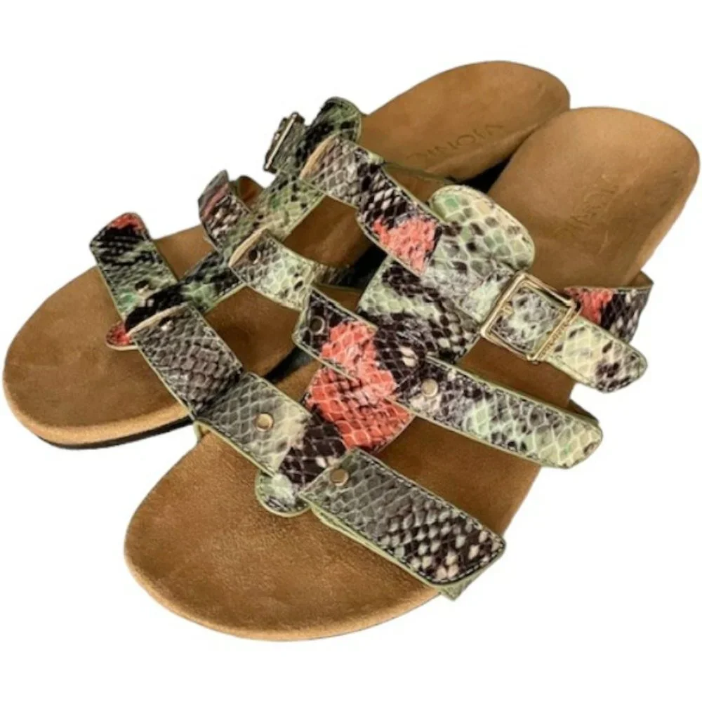 Vionic 381 Radia 3-Strap Wedge Sandals - Bluish/Brown/Salmon - 8 Wide